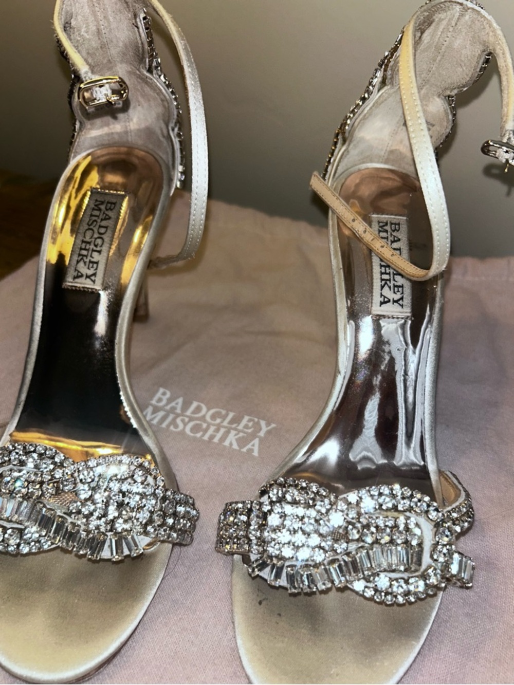 Badgley Mischka Champagne Crystal-Embellished Ankle-Strap Heels